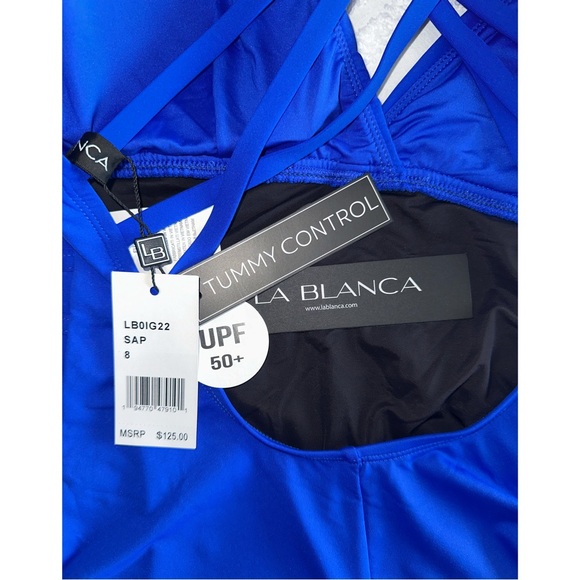 NWT La Blanca Blue Tummy Control Island Goddess Cross-Back One Piece Swimsuit - Picture 9 of 12